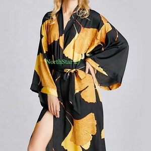 Women's Kimono Robe Gold Ginkgo Leaf Printed Satin Robe Dressing Gown
