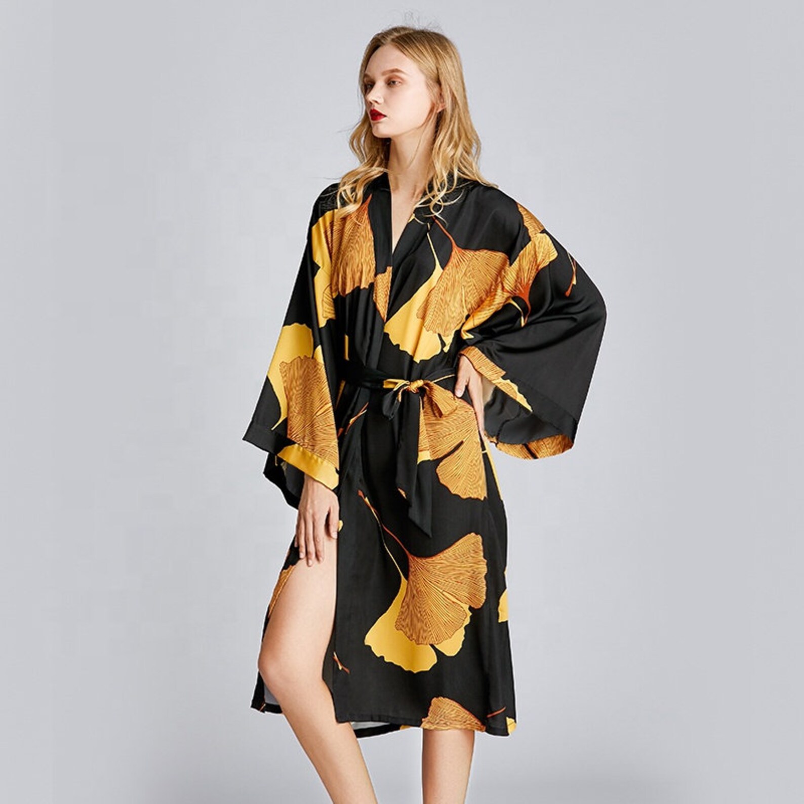 Robe Kimono Femme Or Ginkgo Leaf Imprimé Robe de Chambre Satin Etsy