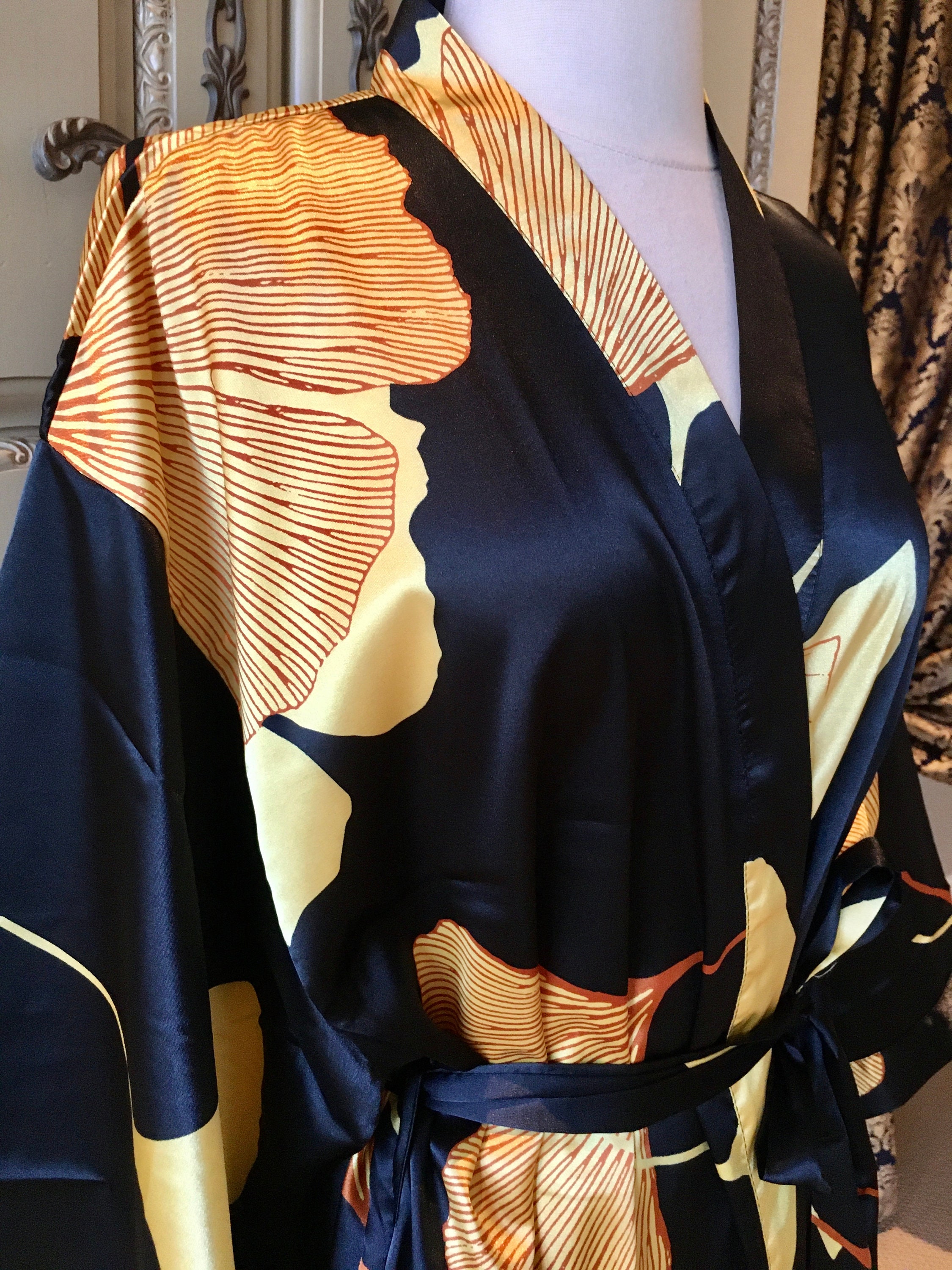Women's Kimono Robe Gold Ginkgo Leaf Printed Satin Robe Etsy UK