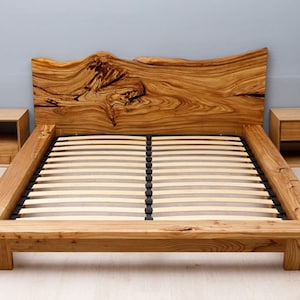 Full Bed Frame with Headboard, Solid Elm Bed Frame, Wooden Bed Frame, Modern Bed Frame, Minimalist Bed Frame, Sturdy Wooden Slats