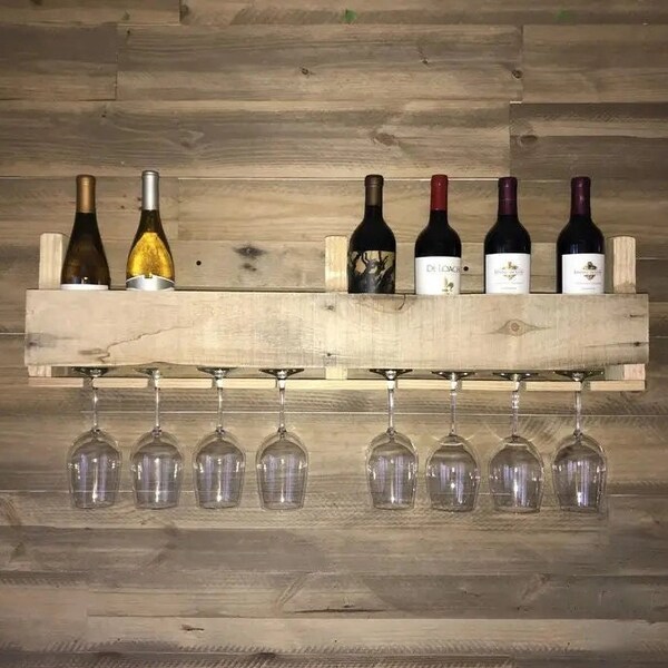 Hanging Wooden Wine Shelf with Glass Holder, Hanging Mini Bar, Wooden countertop wine rack, wine storage, bar shelf, bar wall mount