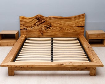 Full Bed Frame with Headboard, Solid Elm Bed Frame, Wooden Bed Frame, Modern Bed Frame, Minimalist Bed Frame, Sturdy Wooden Slats