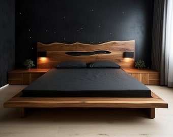 Refined Wooden Bed, Reliable Large Bed in the Bedroom Made of Natural Wood, Exclusive Wooden Bed with Wooden Headboard