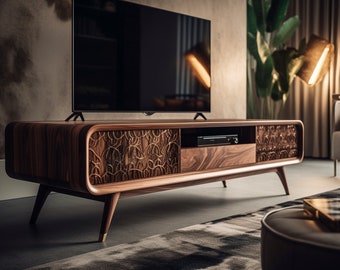 Designer TV Console, Wooden Sideboard, TV Stand Solid Wood, Natural Wooden Media Stand,  Record Player Stand, Solid Wood TV Stand