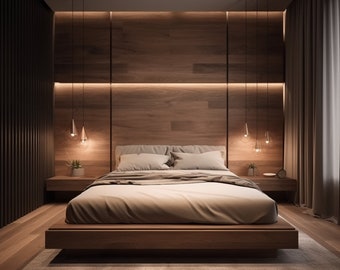 Modernes, schönes Bett, exklusives Holzbett mit weichem Kopfteil, zuverlässiges großes Bett im Schlafzimmer aus Naturholz
