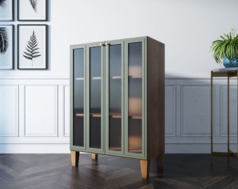 Small sideboard cabinet with corrugated glass, Wooden shawl with glass doors, Convenient cabinet for the living room