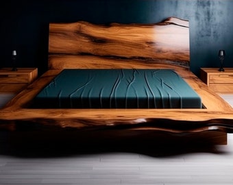 Wooden Bed with Wooden HeadboardRefined Wooden Bed, Reliable Large Bed in the Bedroom Made of Natural Wood