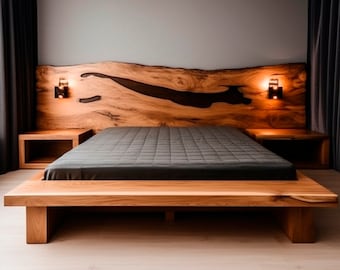 Modernes Holzbettgestell, stilvolles Holzbett im skandinavischen Stil, braunes Bettgestell