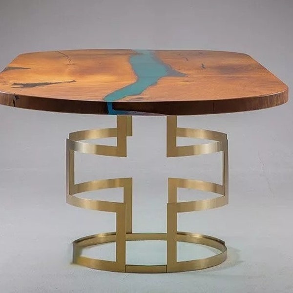 Unique Table with a Wooden Oval Top and an Exclusive Footrest, Mesa de madera maciza para salón,Dinning Table with Blue Epoxy Resin