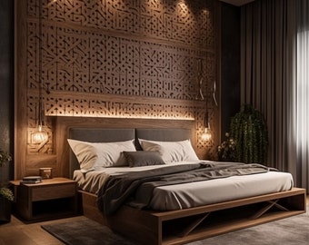 Stilvolles Holzbett im skandinavischen Stil, modernes Holzbettgestell, braunes Bettgestell