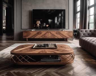 Unique Handcrafted TV Stand in Natural WoodБ Premium Wooden Media Stand, Exquisite Handmade Wood TV Stand