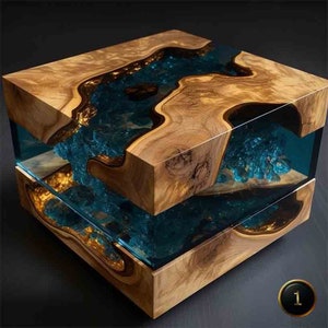 Square Bedside Table Made of Wood and Epoxy Resin, Design Wooden Bedside Table, Wooden Side Table