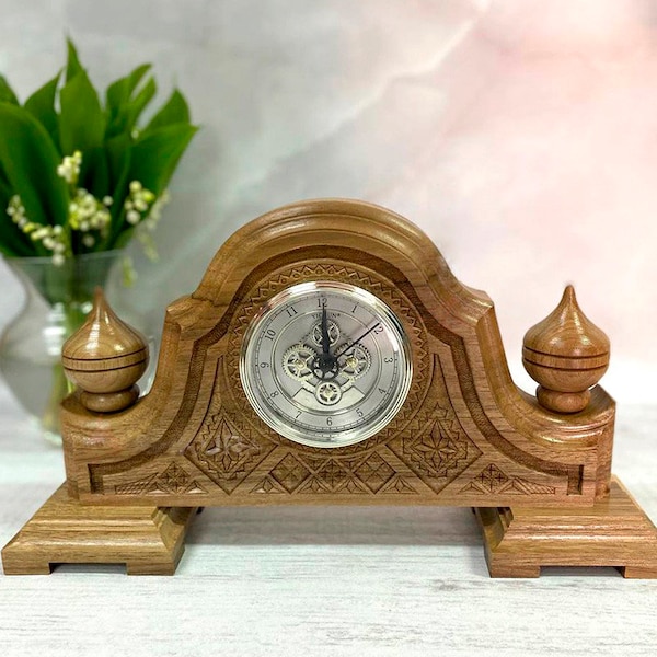 Carved table clock in the far east style, wooden mantel clock, Desk Clock Unique, Classic table top clock, Clock retro, Vintage style clock