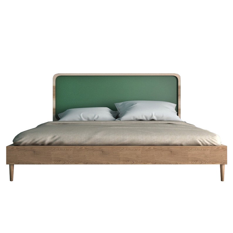 Modern Wooden Bed with Green Headboard, Bed in Scandinavian style image 2