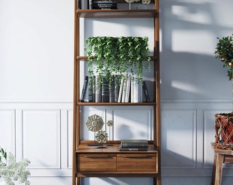 High Wooden Shelving with Doors, Brown Living room Shelving Unit with Shelves, Shelving for the Cabinet from Solid Wood