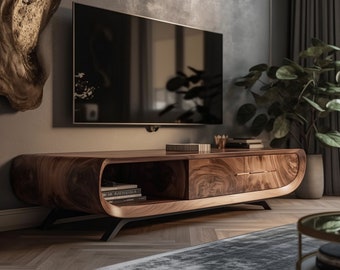 Unique Handcrafted TV Stand in Natural Wood Premium Wooden Media Stand, Exquisite Handmade Wood and TV Stand