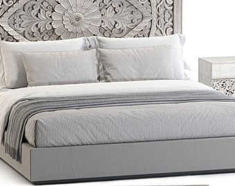 King Bed Frame with Bedside Tables, Designer Bedroom Set, Platform Bed Frame, Wooden Large Bed with a Big Headboard, Wooden Modern Bed Frame
