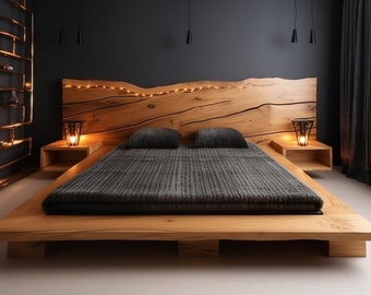 Reliable Large Bed in the Bedroom Made of Natural Wood, Exclusive Wooden Bed with Wooden Headboard