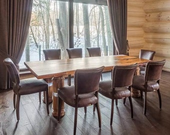 Exclusive wooden table for family cozy dinners, Large table made of slabs of wood with original wooden legs