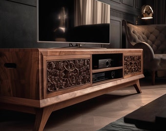 Elegant TV Console, Unique Handcrafted TV Stand in Natural Wood, Exquisite Wood and Epoxy TV Stand, Modern Tv Stand with Drawers