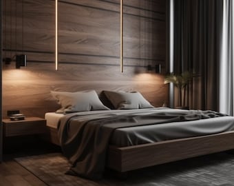 Cama de madera exclusiva con cabecero suave, cama grande y fiable para el dormitorio hecha de madera natural