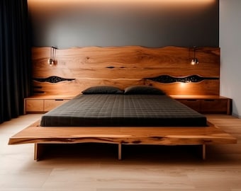 Cama de madera refinada, cama grande y fiable en el dormitorio de madera natural, cama de madera exclusiva con cabecero de madera