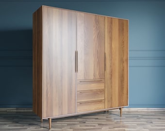 Brown bedroom wardrobe, Three-door wardrobe in Scandinavian style, Large handcrafted natural wood wardrobe