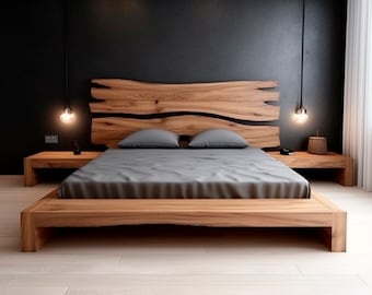 Exclusive Wooden Bed with Wooden Headboard, Reliable Large Bed in the Bedroom Made of Natural Wood