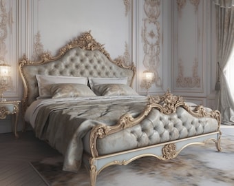 Bett im venezianischen Stil, Holzbett mit weichem Kopfteil, Bequemes Bett für das Schlafzimmer, Stilvolles handgefertigtes Bett, Holzbettrahmen