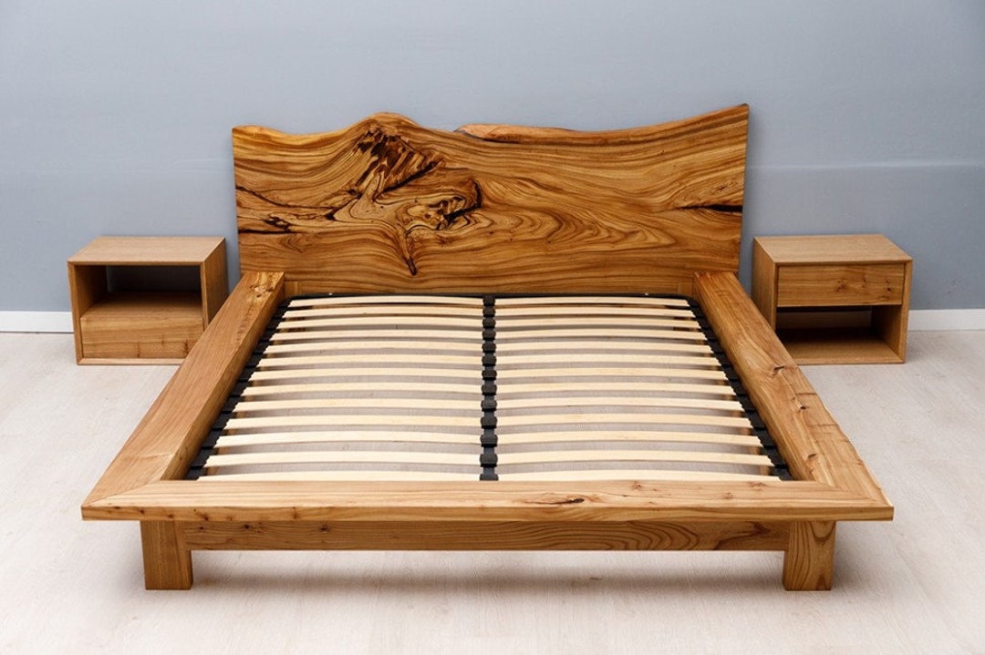 Full Bed Frame With Headboard, Solid Elm Bed Frame, Wooden Bed Frame