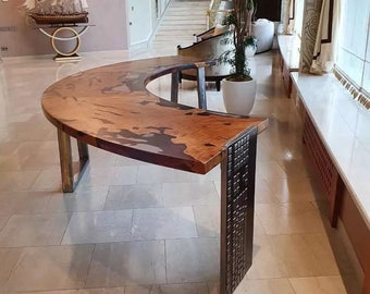 Exclusive Round Wooden Table with a Leg in the Form of a Keyboard, Table in the Meeting Room, Solid Wood and Black Epoxy Resin Table