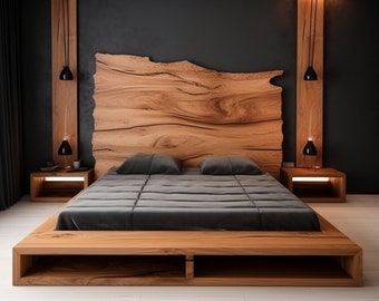 Bett mit Kopfteil aus Holz, zuverlässiges großes Bett im Schlafzimmer aus Naturholz