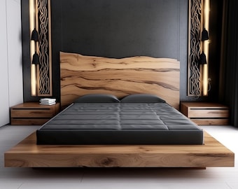 Exclusive Wooden Bed with Wooden Headboard, Reliable Large Bed in the Bedroom Made of Natural Wood