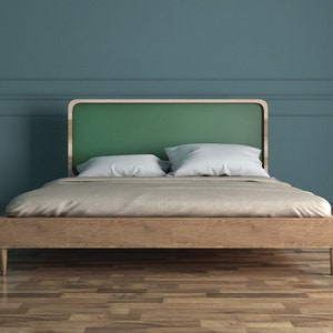 Modern Wooden Bed with Green Headboard, Bed in Scandinavian style