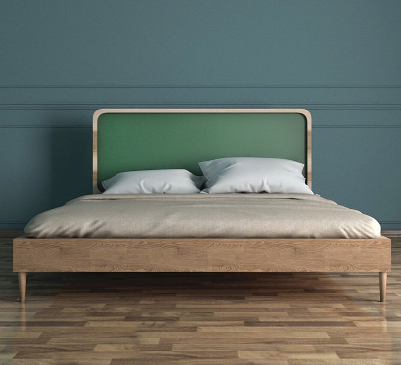 Modern Wooden Bed with Green Headboard, Bed in Scandinavian style image 1