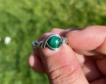 Sterling Silver Malachite Ring - Sterling Silver Wire Wrapped Malachite Ring - Jewelry for Her - Witchy Jewelry - Boho Ring - Malachite -
