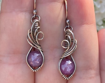 Sterling Silver Ruby Earrings - Ruby Sheen Sapphire Dangle Earrings - Wire Wrapped Ruby Sheen Sapphire Earrings - Sterling Silver Sapphire