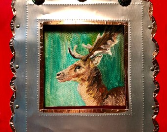 Moonlit Walk Deer Reindeer Original Mixed Media Shadowbox Painting