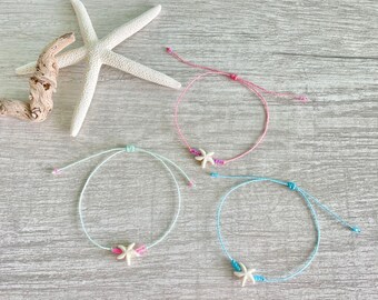White Starfish with Custom Bead and String Colors Adjustable Waterproof Bracelet, Wish Bracelet, Friend Bracelet / Anklet
