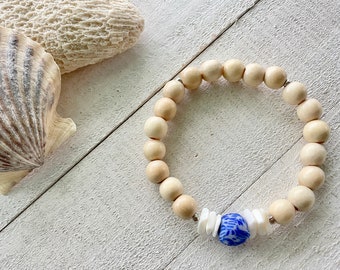 Recycled Blue and White Glass with Shells, Wood and Silver Beads ~ Natural ~ Beachy ~ Boho ~ Stretch Bracelet Beach Bohemian, Handmade Gift