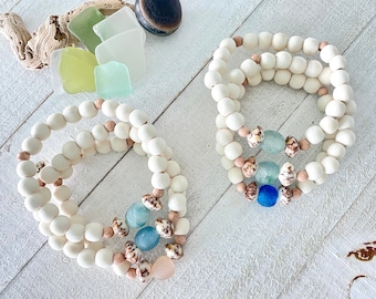 Recycled Sea Glass with Seed, White Wood and Rosewood Beads ~ Natural ~ Beachy ~ Boho ~ Stretch Bracelet Beach Bohemian, Handmade Gift