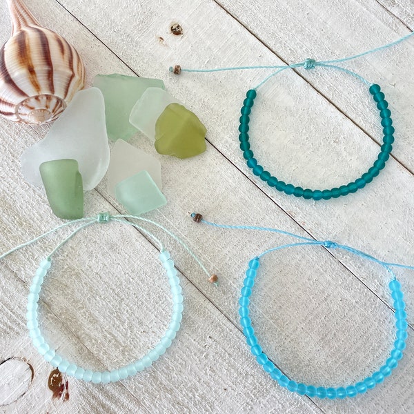 Sea Glass Round Your Choice of Color Minimalist 4mm Glass Bead Waterproof Adjustable Boho Bracelet / Anklet Sea Glass, Beachy Ocean Seaglass