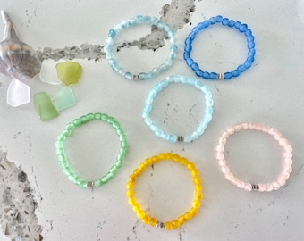 Recycled Small 7mm Sea Glass with Shell Beads, Stretch Bracelet ~ Natural, Beachy, Boho, Beach, Coastal, Bohemian, Beautiful Handmade Gift