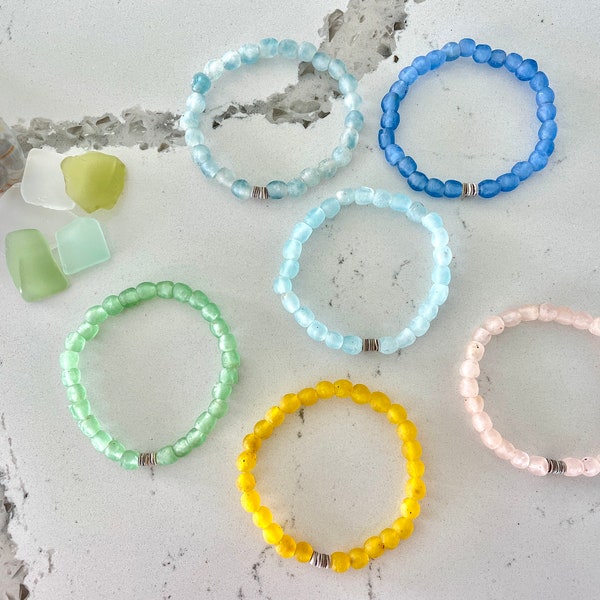 Recycled Small 7mm Sea Glass with Shell Beads, Stretch Bracelet ~ Natural, Beachy, Boho, Beach, Coastal, Bohemian, Beautiful Handmade Gift