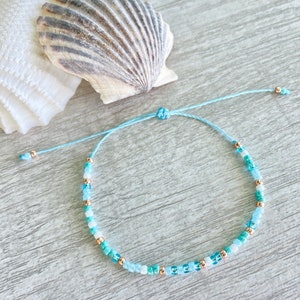 Ocean Waves - Aqua, Turquoise, White and Gold Dainty Beachy Seed Bead Minimalist Waterproof Adjustable Bracelet / Anklet