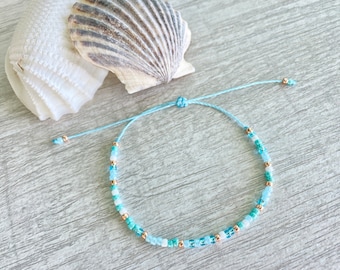 Ocean Waves - Aqua, Turquoise, White and Gold Dainty Beachy Seed Bead Minimalist Waterproof Adjustable Bracelet / Anklet