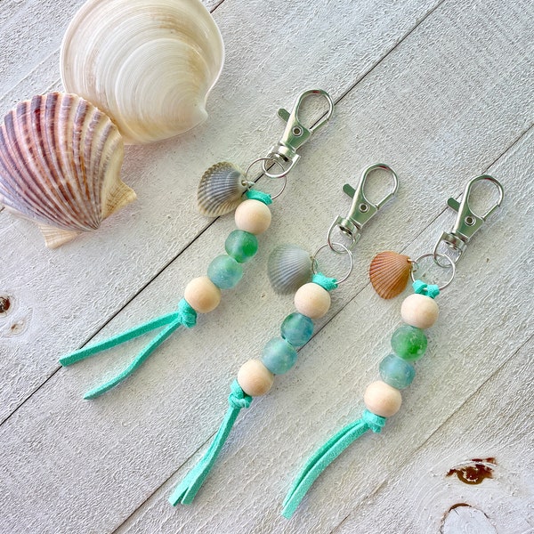 Lagoon Green Blue Recycled Glass & Wood, Green Faux Suede Cord, Shell from Beach Keychain Purse Charm Sea Glass Boho Beachy Handmade Gift