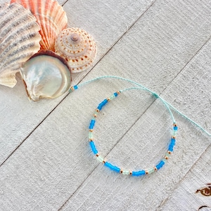 Lagoon ~ Aquamarine Blue, Green and Gold Colors Dainty Beachy Ocean Seed Bead Minimalist Waterproof Adjustable Bracelet / Anklet Coastal