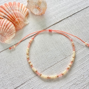 Summer Sunrise - Coral, Yellow and Gold Dainty Beachy Seed Bead Minimalist Waterproof Adjustable Bracelet / Anklet ~ Handmade Beach Gift