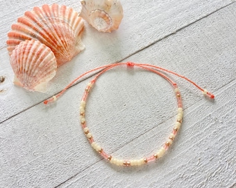 Summer Sunrise - Coral, Yellow and Gold Dainty Beachy Seed Bead Minimalist Waterproof Adjustable Bracelet / Anklet ~ Handmade Beach Gift